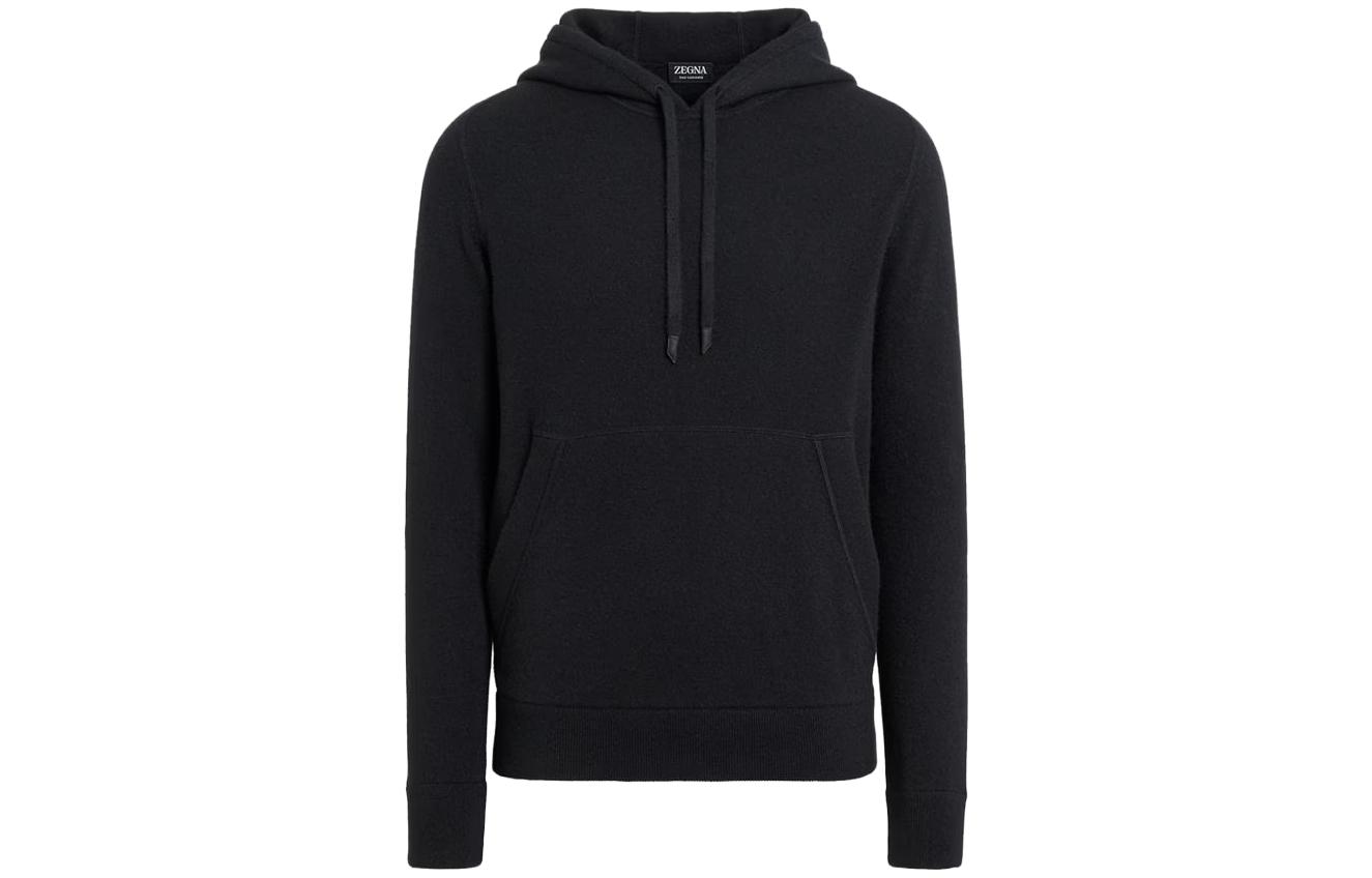 Zegna Oasi Cashmere Black Hoodie - Casual Solid Color Long Sleeve E8K10-178-K09 圖 2