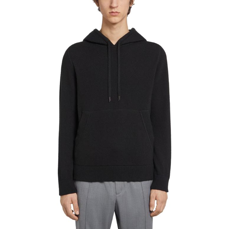 Zegna Oasi Cashmere Black Hoodie - Casual Solid Color Long Sleeve E8K10-178-K09 圖 4