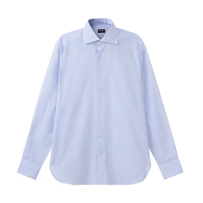 Zegna Solid Color Long Sleeve Button-Up Shirt Blue White for Men. 601037A6-9MS0BA