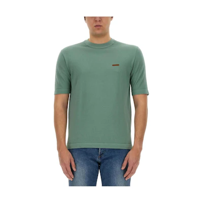 Zegna Solid Logo Crewneck Short Sleeve T-Shirt Green . UDC9XA7C-10V04-001