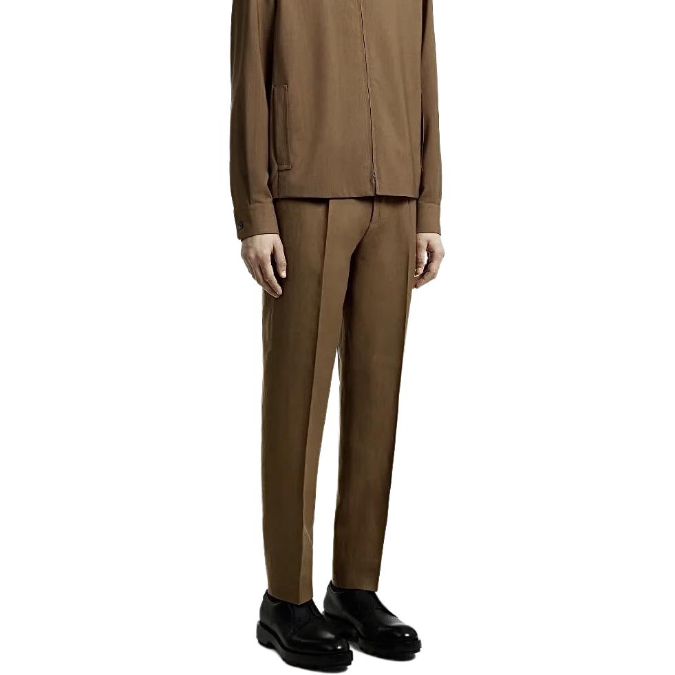 Zegna Solid Mid-Rise Straight-Leg Casual Pants Men Camel Brown. 5ZF78-4A573G-CC2