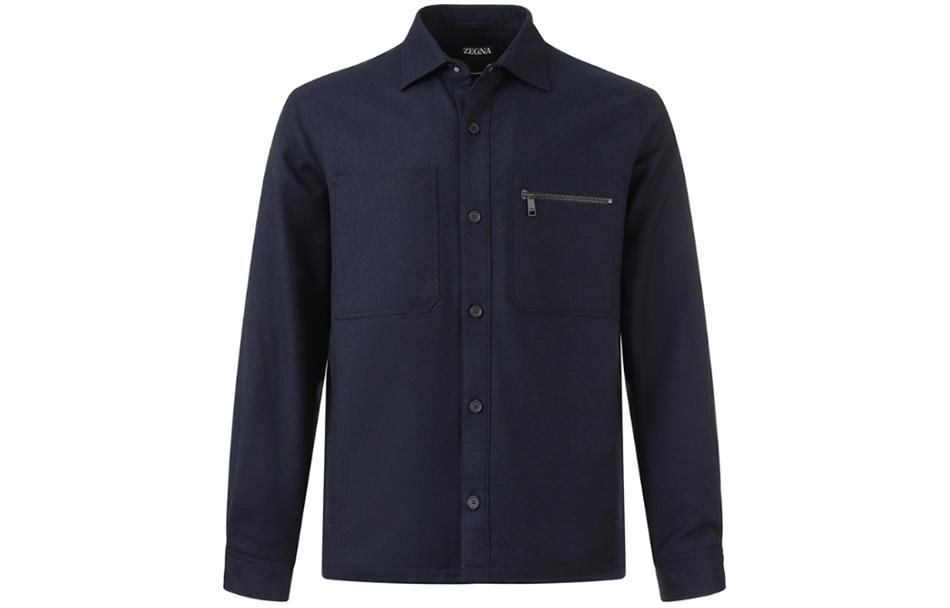 Zegna Solid Navy Blue Long Sleeve Shirt with Zip Pocket and Collared Design for Men UCV01A6-SOTM2-016