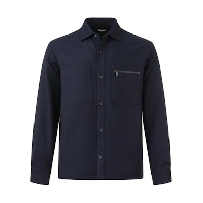 Zegna Solid Navy Blue Long Sleeve Shirt with Zip Pocket and Collared Design for Men UCV01A6-SOTM2-016