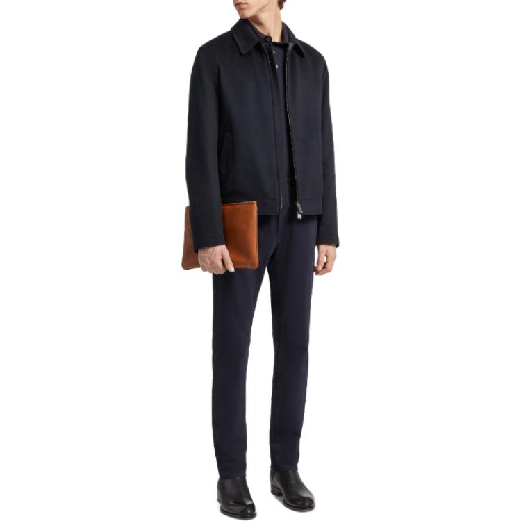 Lookbook Zegna Jaket Kasual Lelaki Biru Navy dengan Zip. E7T42-7140-531