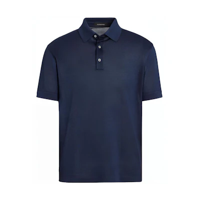 Zegna SS21 Navy Blue Mulberry Silk Short-Sleeve Knit Polo Shirt. UW330-750-364