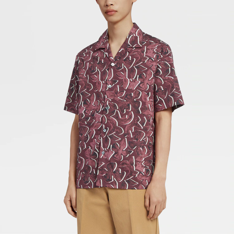 Shop Zegna SS22 紅色印花棉短袖襯衫 UZX49-SCP3-002