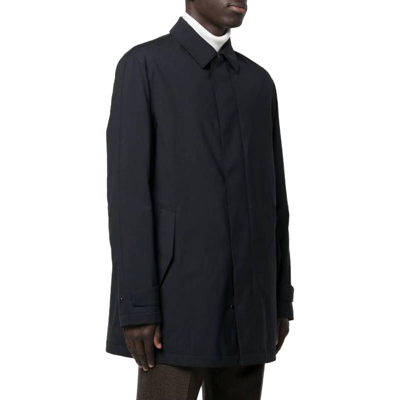 Shop Zegna SS23 黑色中長款單排扣大衣搭配簡約翻領 E7T207306531