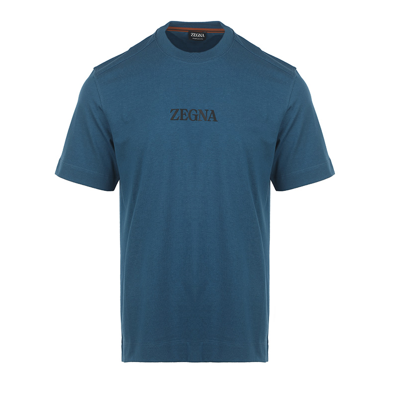 Zegna SS23  Blue Crewneck T-Shirt with Logo Print. UB364A5-B777-T06