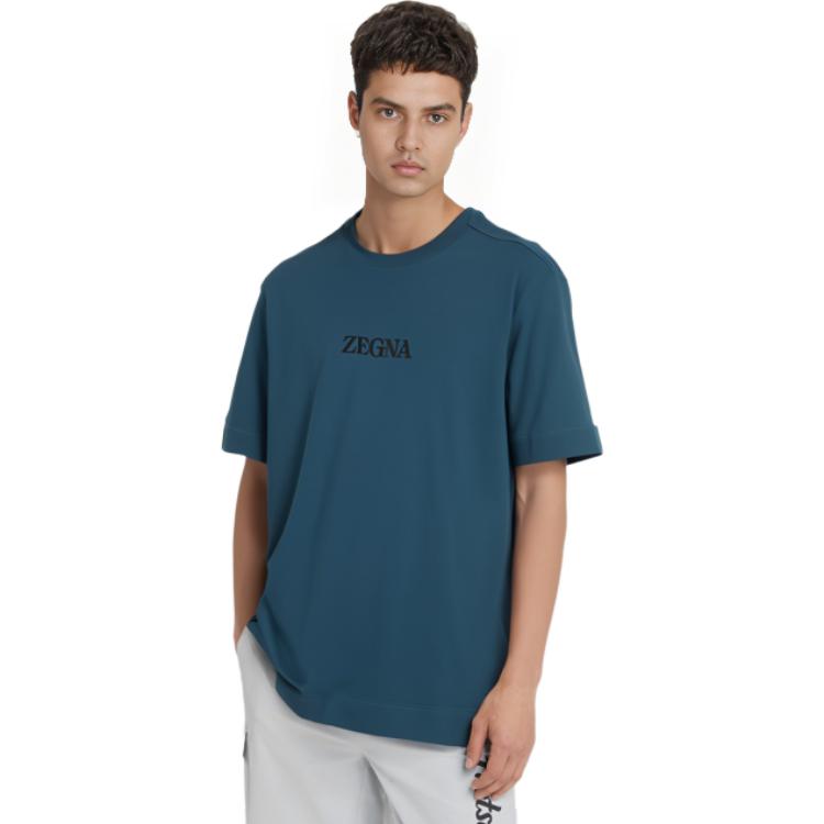 Cheap Zegna SS23 藍色Logo印花圓領T恤 UB364A5-B777-T06