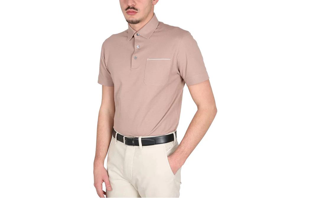 Shop Zegna SS23 棕色修身短袖翻領POLO衫 UB392A5B752R0-450