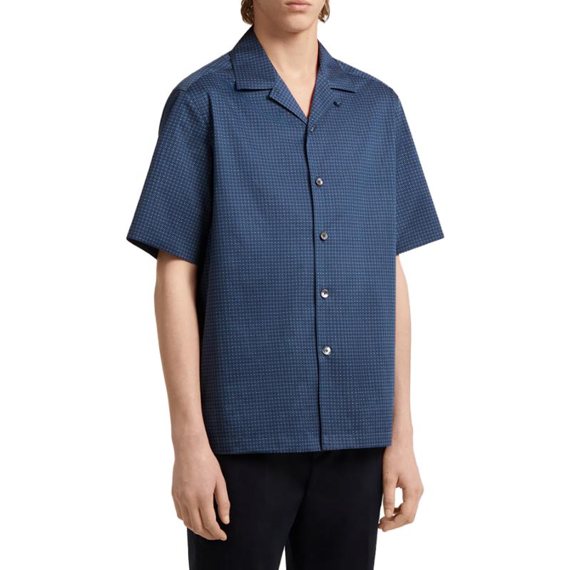 Shop Zegna SS23 幾何印花短袖襯衫 海軍藍 單排扣款式 UBX06A5-SCP3-016