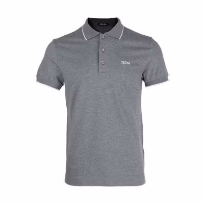 Zegna SS23 Grey Short Sleeve Polo with Logo Embroidery & Striped Trim. E7358A5B746-K95