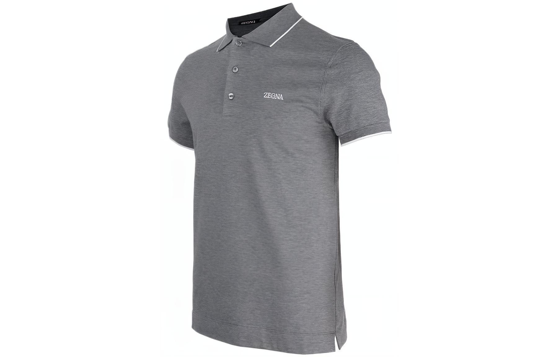 Shop Zegna SS23 灰色短袖襯衫搭配標誌刺繡與條紋飾邊。 E7358A5B746-K95