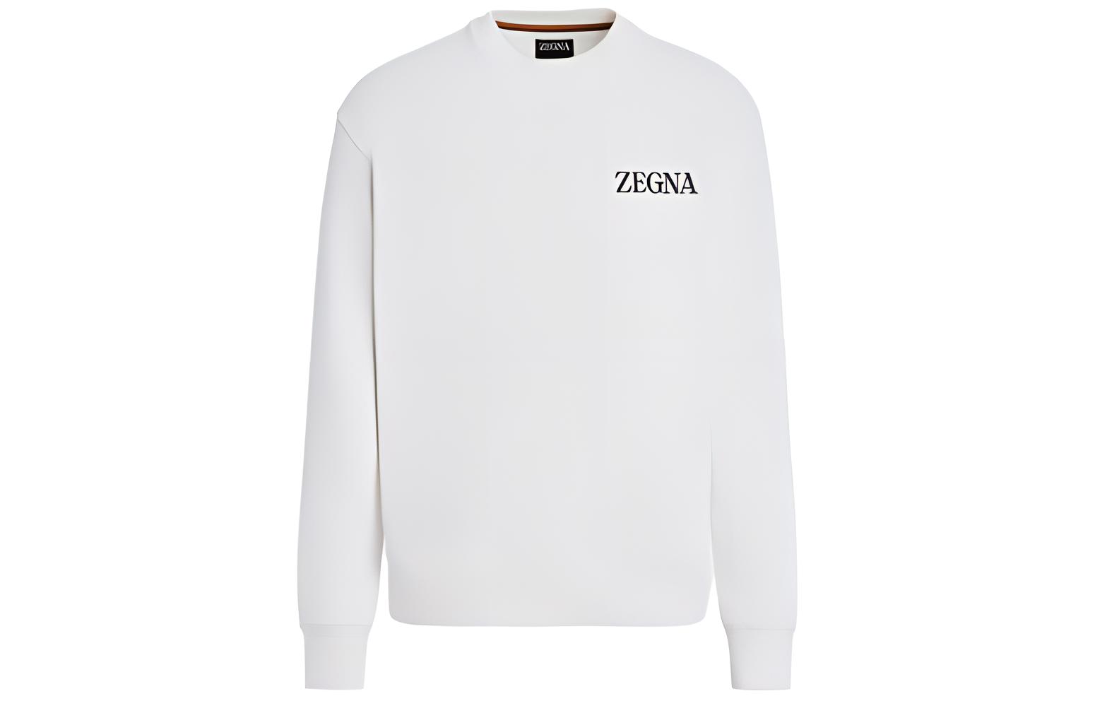 Zegna SS23  White Crewneck Long Sleeve Sweatshirt with Letter Print. UB522A5-B872N01