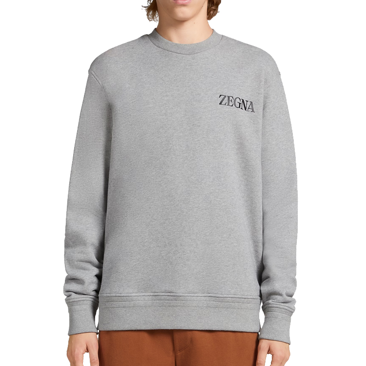 Shop Zegna 男裝字母標誌印花灰色長袖圓領衛衣 SS23 系列。 UB522A5-B872-K95