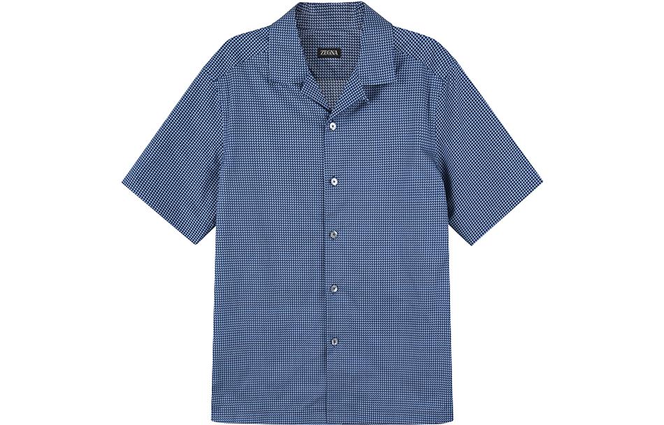 Zegna SS23 Geometric Print Single-Breasted Navy Short-Sleeve Shirt Men. UBX06A5-SCP3-010