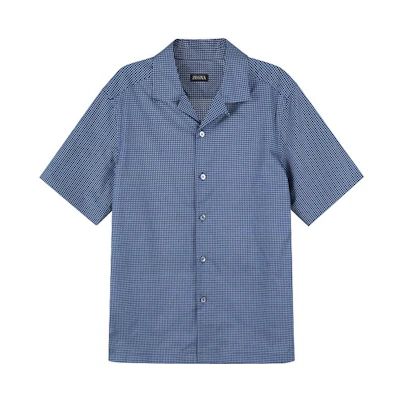 Zegna SS23 Geometric Print Single-Breasted Navy Short-Sleeve Shirt Men. UBX06A5-SCP3-010
