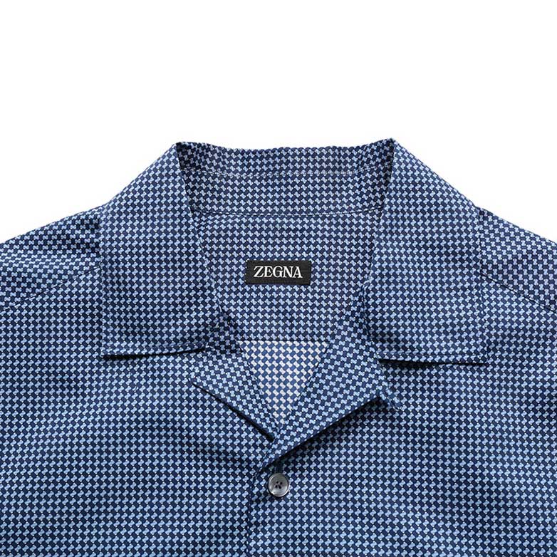 Shop 제냐 SS23 기하학 프린트 네이비 반소매 싱글 브레스티드 셔츠 남성. UBX06A5-SCP3-010