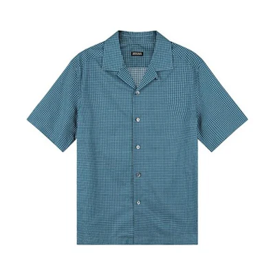 Zegna SS23 Geometric Print Single-Breasted Short-Sleeve Shirt Men Teal Green. UBX06A5-SCP3-041