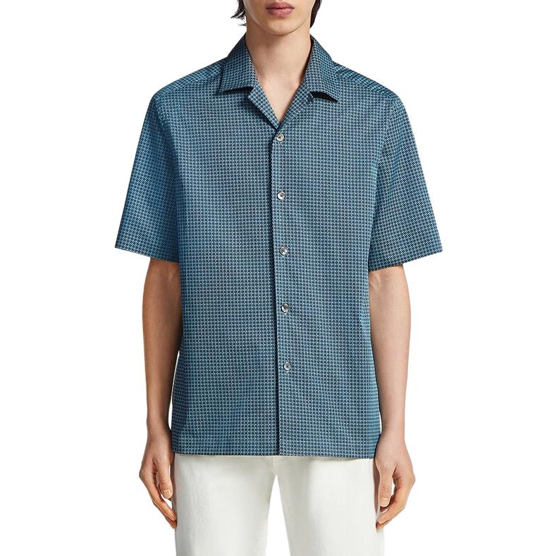 Shop Zegna SS23 幾何圖案短袖單排扣襯衫 男士青綠色 UBX06A5-SCP3-041