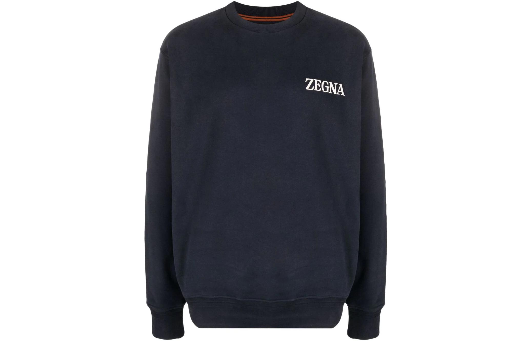 Zegna SS23 Navy Blue Crewneck Sweatshirt with Letter Print UC522A-6C872B-09