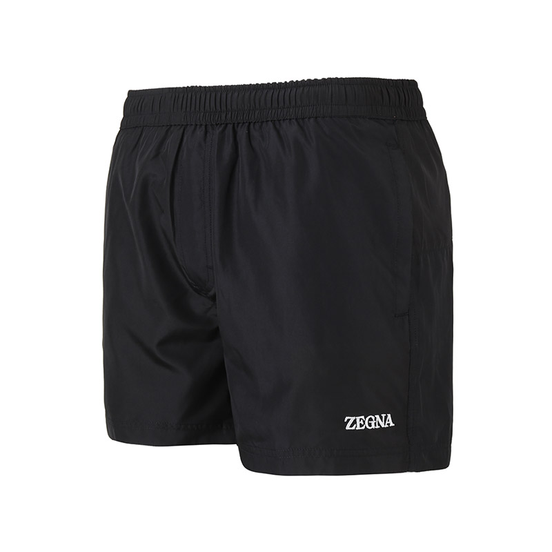 Shop Zegna SS24 黑色刺繡Logo休閒沙灘短褲 N7B6W2420-001