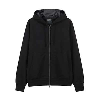 Zegna SS24 Black Solid Cotton Zip Hoodie Casual Sweatshirt. UD553-A7D859-K09