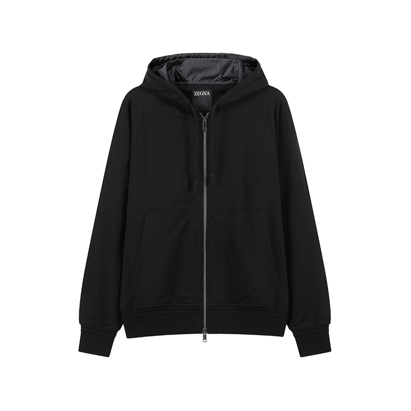 Order Zegna SS24 黑色純棉拉鍊連帽休閒衛衣 UD553-A7D859-K09