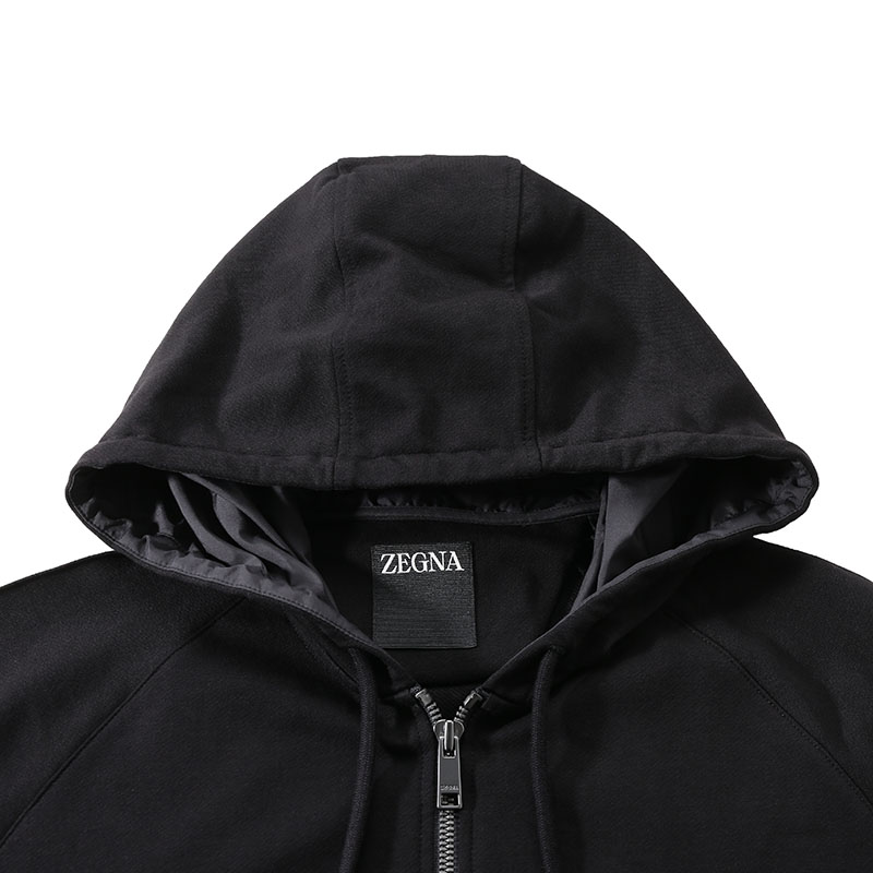 Shop Zegna SS24 黑色純棉拉鍊連帽休閒衛衣 UD553-A7D859-K09