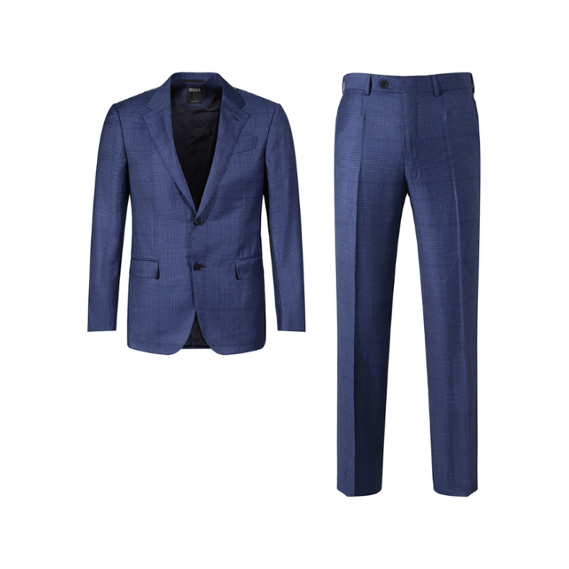 Order 杰尼亚 SS24 蓝色格纹单排扣褶皱休闲西装。 71651-1A7221-225