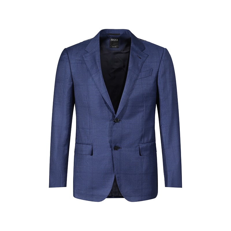 Lookbook 杰尼亚 SS24 蓝色格纹单排扣褶皱休闲西装。 71651-1A7221-225