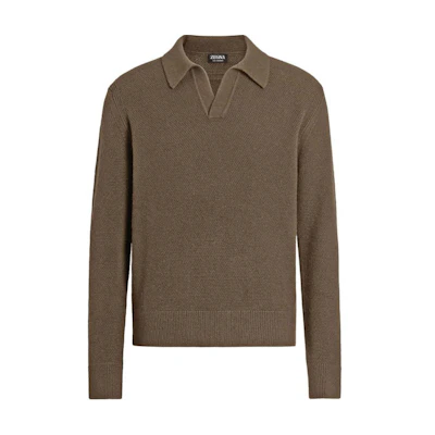 Zegna SS24 Cashmere Long-Sleeve Pullover in Khaki Brown UEK85-A8131