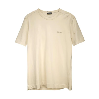 Zegna SS24 Embroidered Logo Tee in Light Beige. UD360-A7D760-N03