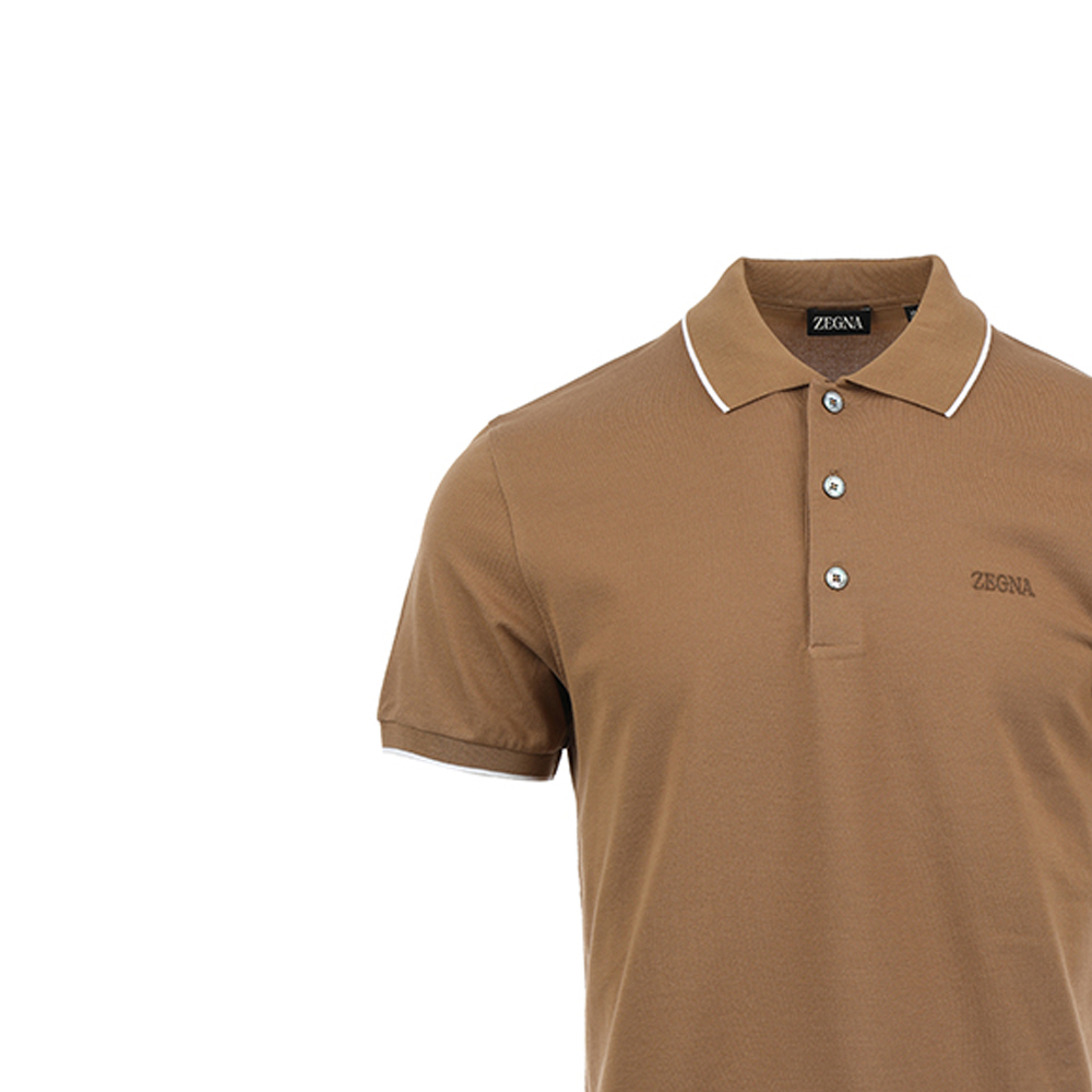 Sizing Zegna SS24 Kemeja Polo L/K Coklat Muda dengan Corak Logo. UD358-A7D746-N04