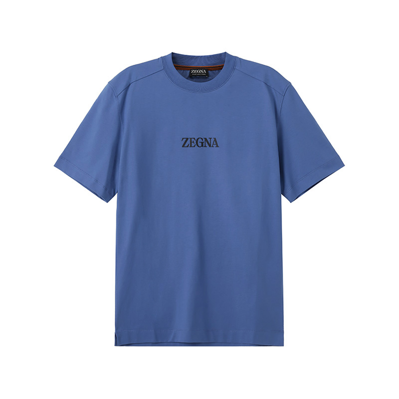 Zegna SS24  Logo Printed Blue Crewneck Short Sleeve T-Shirt. UD364-A7D777-A07