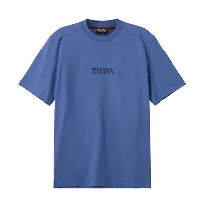Zegna SS24 Logo Printed Blue Crewneck Short Sleeve T-Shirt. UD364-A7D777-A07