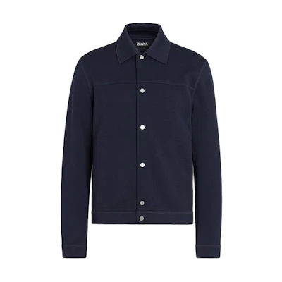 Zegna SS24 Navy Blue Collared Button-Up Long-Sleeve Jacket. UD564A7-DCT860-B09