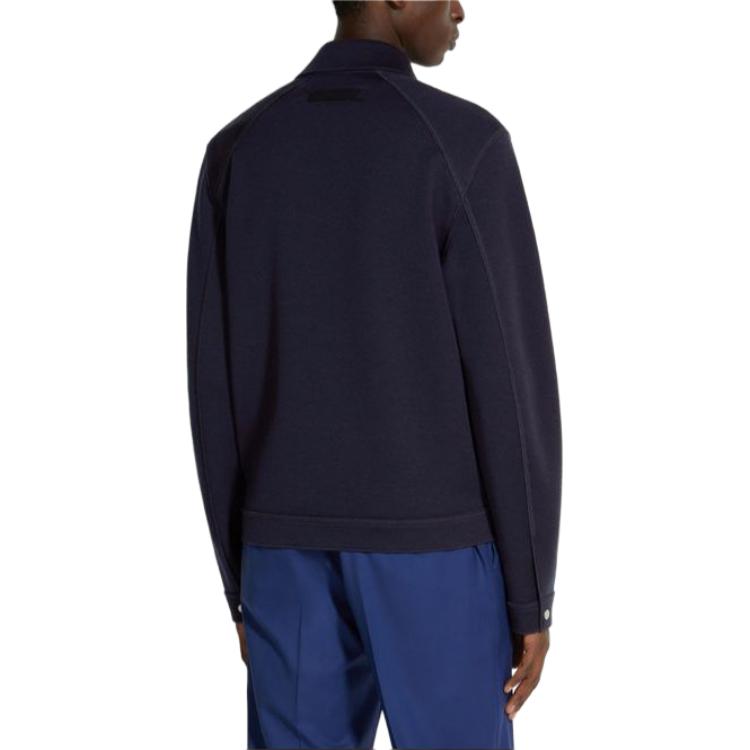 Lookbook Zegna SS24 Jaket Lengan Panjang Butang Biru Navy Berkolar. UD564A7-DCT860-B09