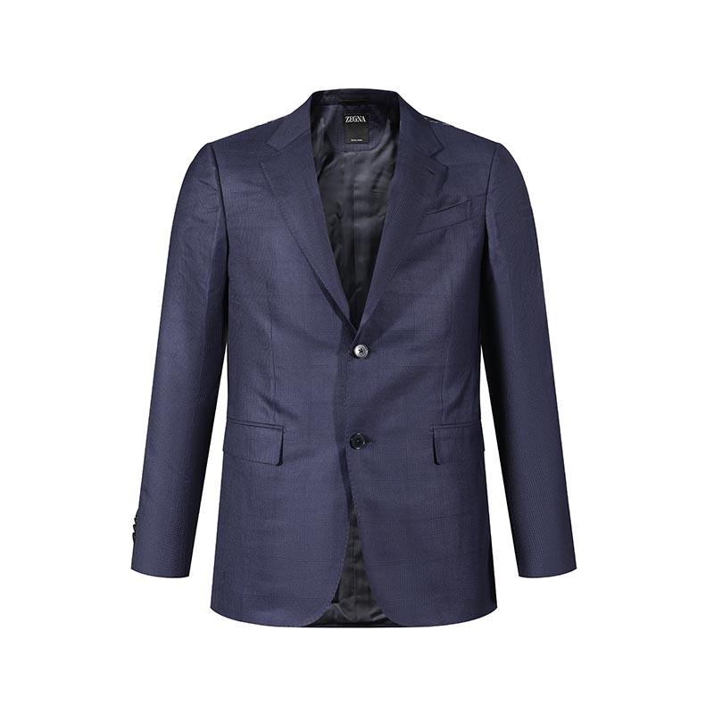 Lookbook Zegna SS24 Traje Azul Marino Cuadros Solapa Simple con Pantalones Plisados. 71650-1A7221-225