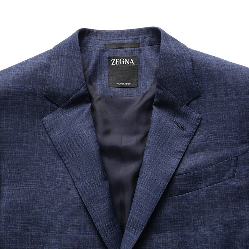 Cheap Zegna SS24 深藍色格紋單排扣後開衩西裝 72204-9A7221-225