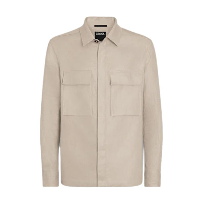 Zegna SS24 Plain Long Sleeve Button-Up Shirt Light Beige UDV60A7-SOT10-N03