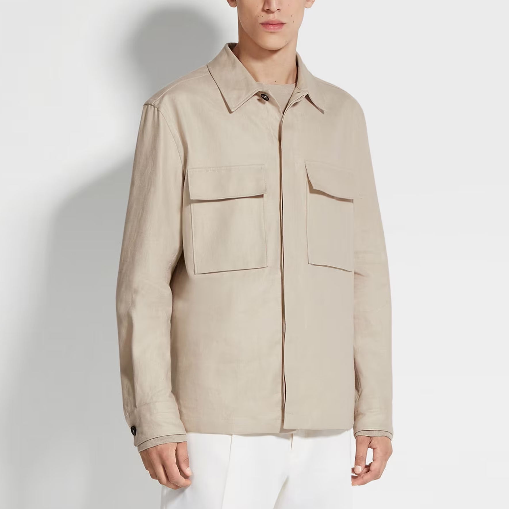 Lookbook Zegna SS24  Plain Long Sleeve Button-Up Shirt Light Beige UDV60A7-SOT10-N03