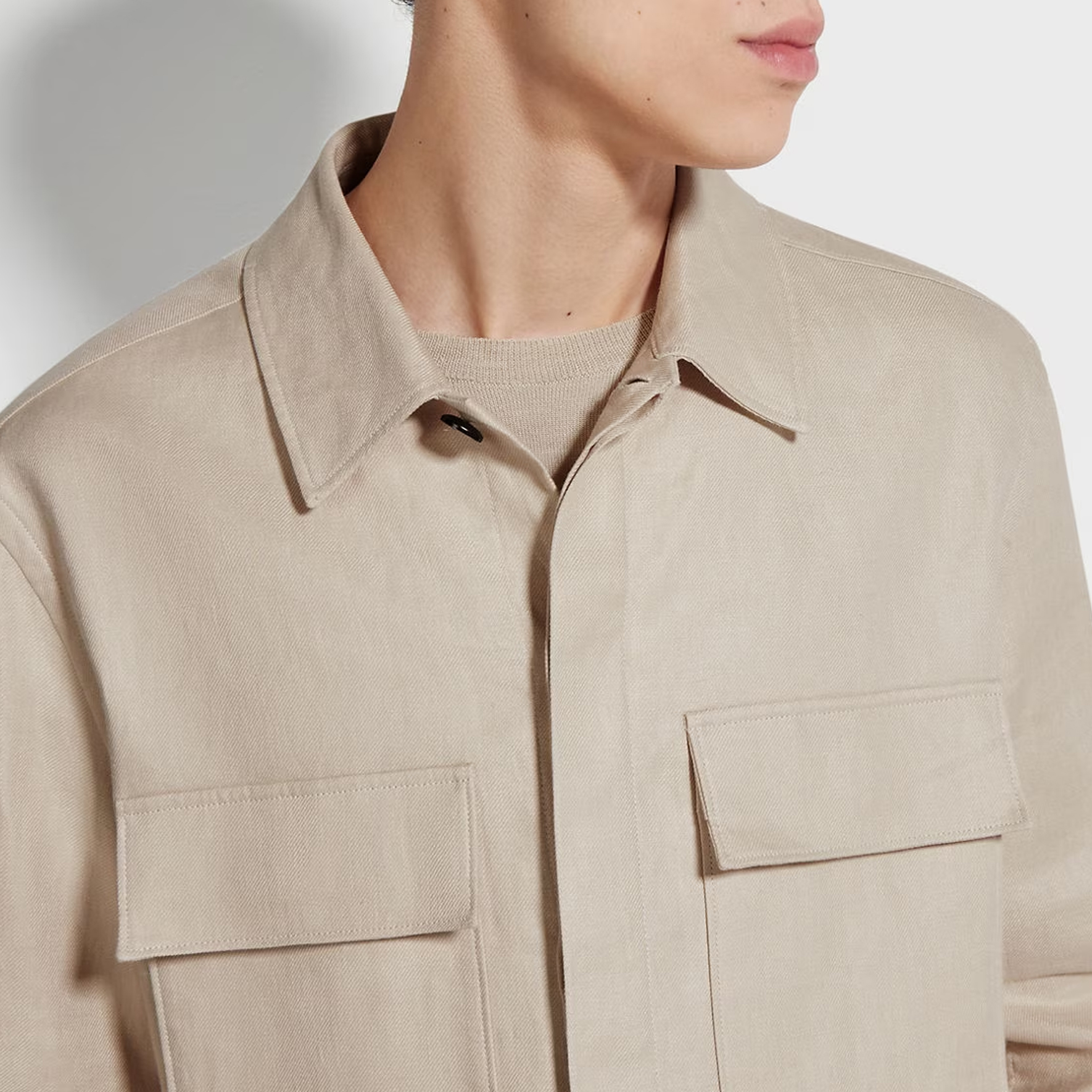 Sizing Zegna SS24  Plain Long Sleeve Button-Up Shirt Light Beige UDV60A7-SOT10-N03