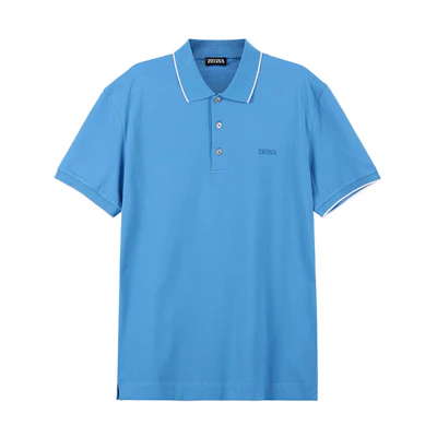 Zegna SS24 Slim Fit Logo Embroidered Polo Shirt Bright Blue. UD358-A7D746-A05