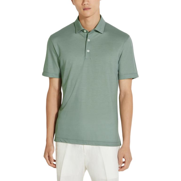 Lookbook Zegna SS24 灰綠色純色短袖休閒紐扣翻領上衣 UD345A7-DCT724-V04