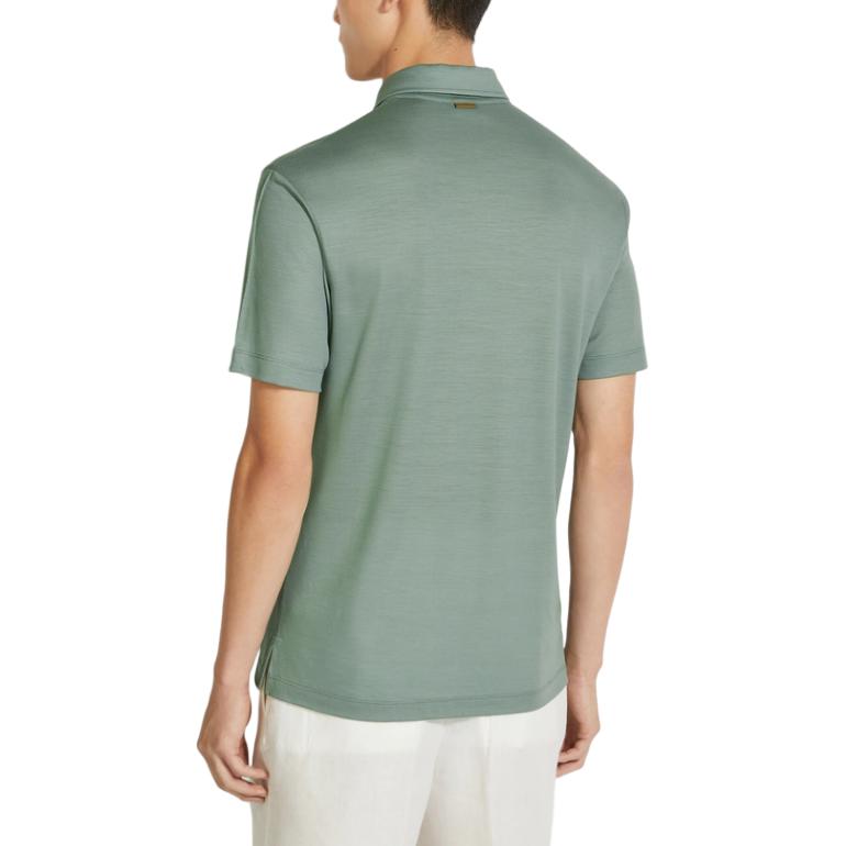 Shop Zegna SS24 灰綠色純色短袖休閒紐扣翻領上衣 UD345A7-DCT724-V04