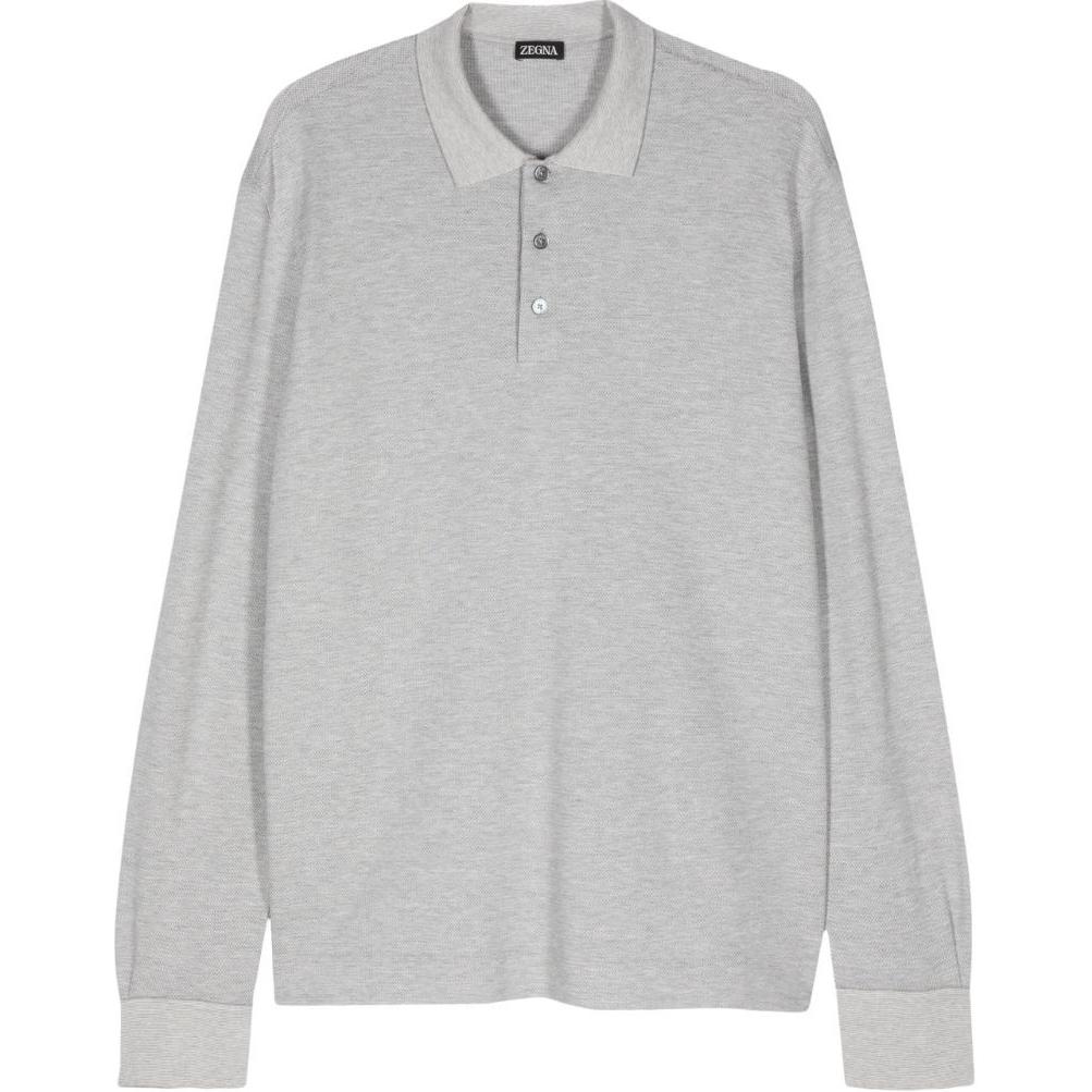 Zegna SS24  Solid Knit Side-Slit Long Sleeve Polo Shirt Grey. UE381-A8E748