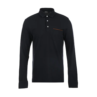 Zegna SS24 Solid Long Sleeve Polo with Stripe Detail and Chest Pocket. UD392A7D757B09