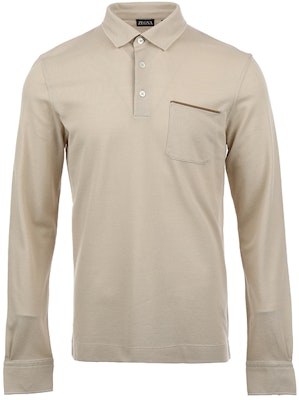 Zegna SS24 條紋細節與胸袋設計長袖純色 Polo 衫 UD392A7D757B09 4