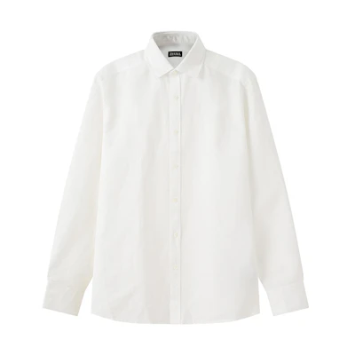 Zegna SS24 White Long Sleeve Casual Shirt with Single-Breasted Collar. UDX12A7-SRF6-002